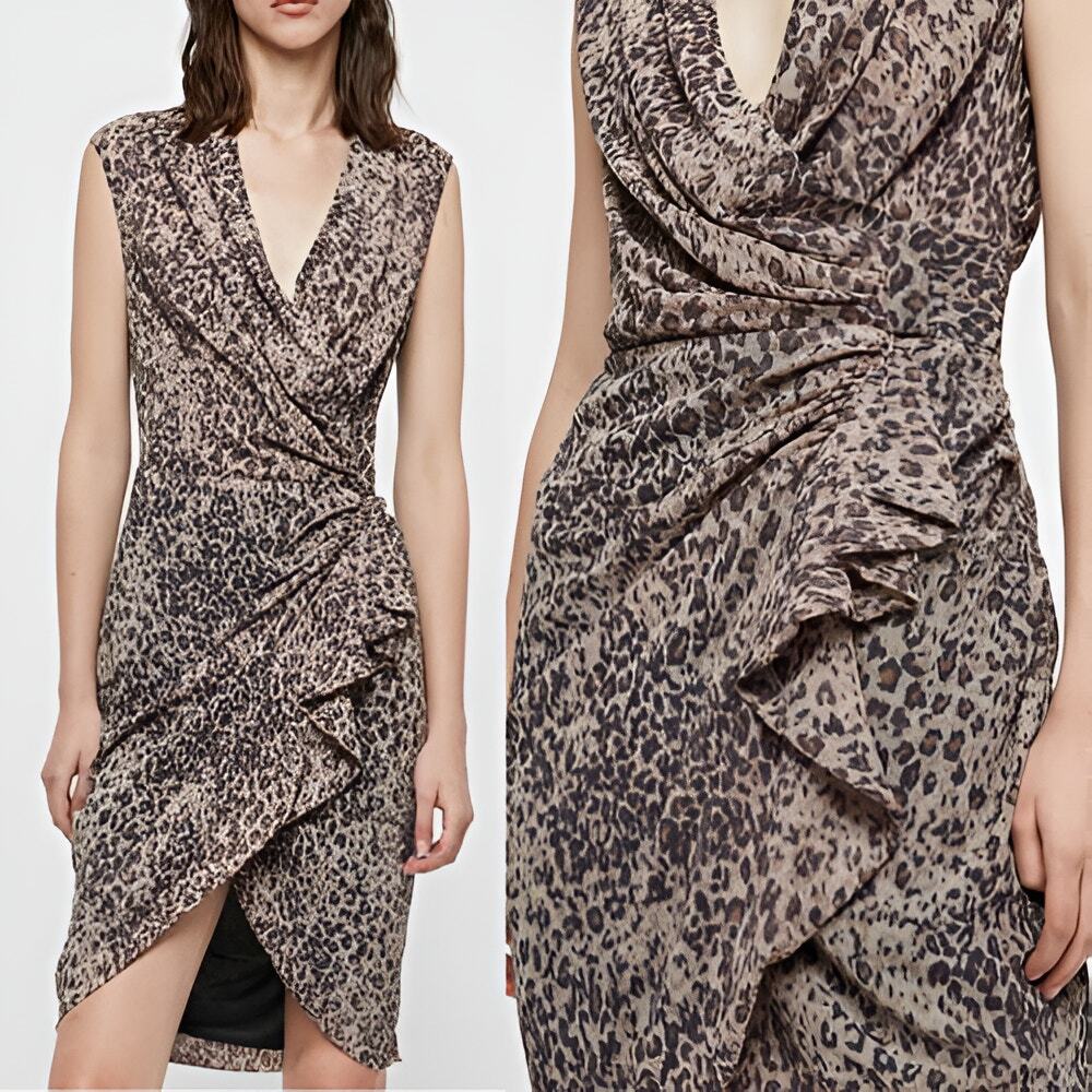 All Saints Cancity Dress Ruffled Faux Wrap Leopard Print Size 8